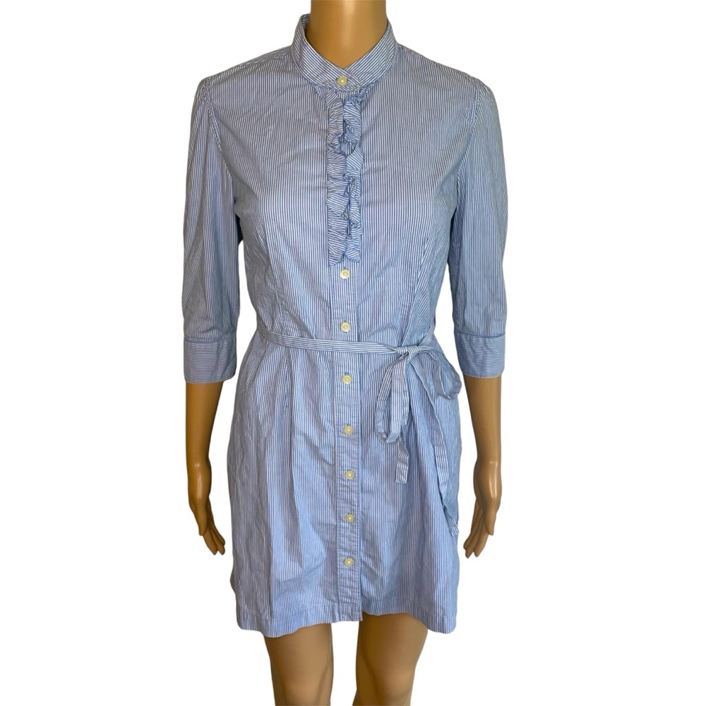 Banana Republic Blue & White Striped Collared Button Down 3/4 Sleeve Mini Dress
